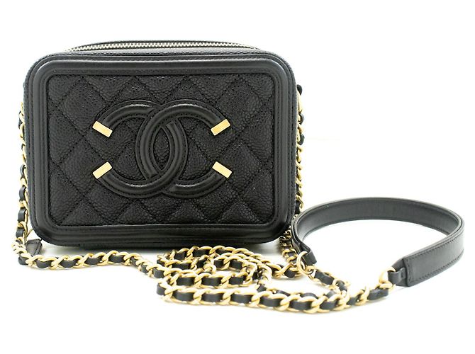 Borsa a tracolla con catena CHANEL in pelle di vitello Micro Caviar granulata Nera con zip Nero - vista 2