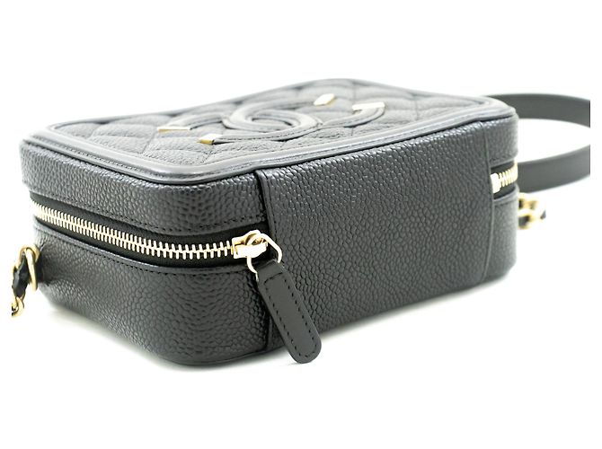 Borsa a tracolla con catena CHANEL in pelle di vitello Micro Caviar granulata Nera con zip Nero - vista 4