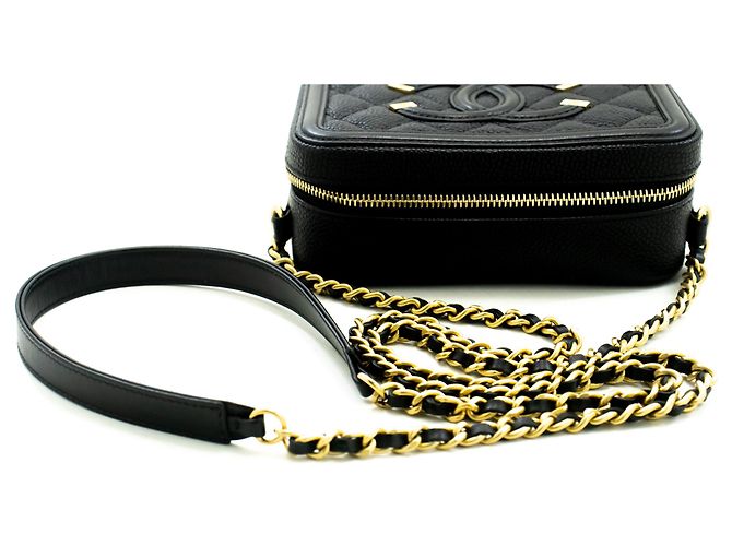Borsa a tracolla con catena CHANEL in pelle di vitello Micro Caviar granulata Nera con zip Nero - vista 7
