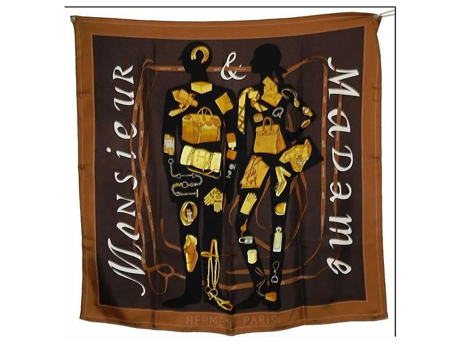 Hermès HERMES CARRE 90 Pañuelo de seda MONSIEUR ET MADAME marrón de Bali Barett y Robert Dallet Marrón claro - vista 11