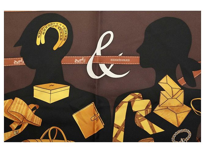 Hermès HERMES CARRE 90 Pañuelo de seda MONSIEUR ET MADAME marrón de Bali Barett y Robert Dallet Marrón claro - vista 4