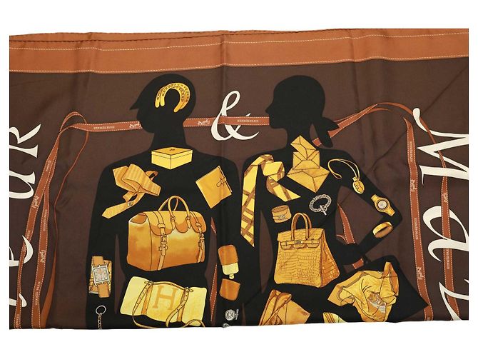 Hermès HERMES CARRE 90 Pañuelo de seda MONSIEUR ET MADAME marrón de Bali Barett y Robert Dallet Marrón claro - vista 5
