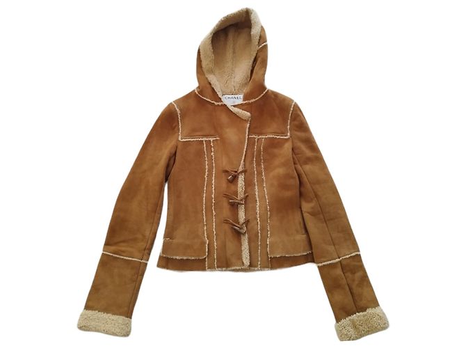 Giacca Chanel in agnello scamosciato marrone e lana beige Cammello - vista 11