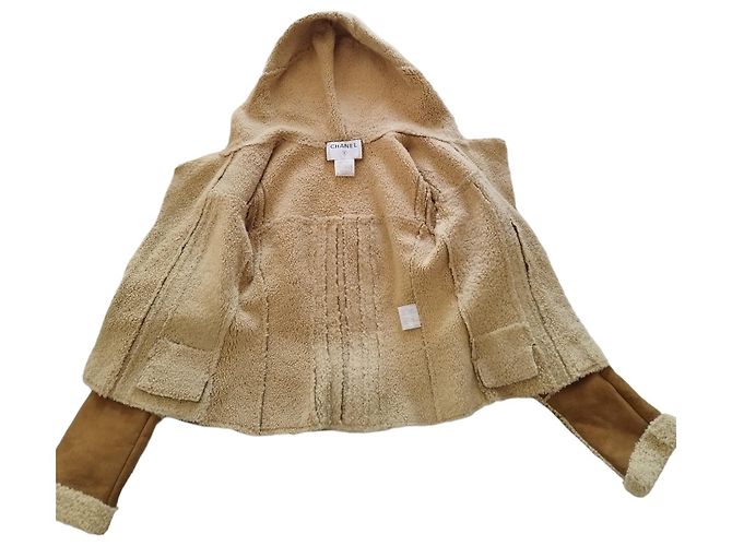Giacca Chanel in agnello scamosciato marrone e lana beige Cammello - vista 7
