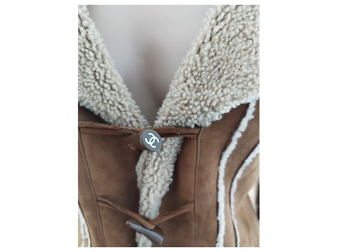 Giacca Chanel in agnello scamosciato marrone e lana beige Cammello - vista 8