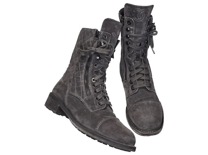 Chanel Combat CC-Logo-Schnürstiefel Grau Anthrazitgrau - Ansicht 12