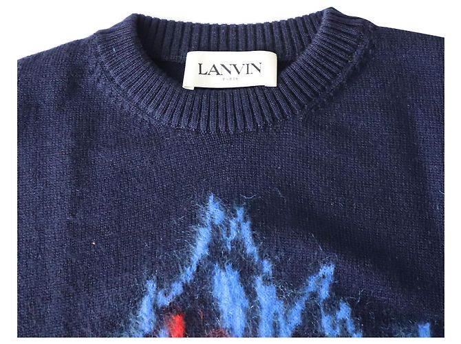 Lanvin Flame Slogan Intarsia-Knit Jumper In Navy Blue Wool - view 3