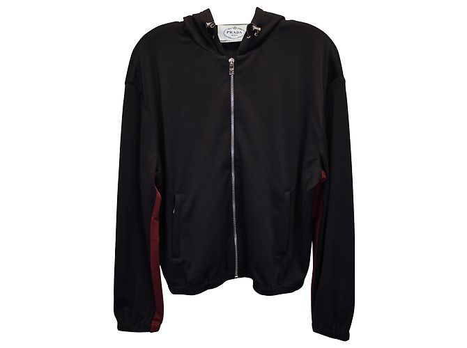 Conjunto de chaqueta con capucha y pantalón de chándal a rayas rojas de Prada en viscosa negra - vista 3