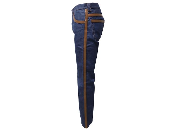 Prada Denim Leather Trim Straight Leg Jeans in Blue Cotton - view 2