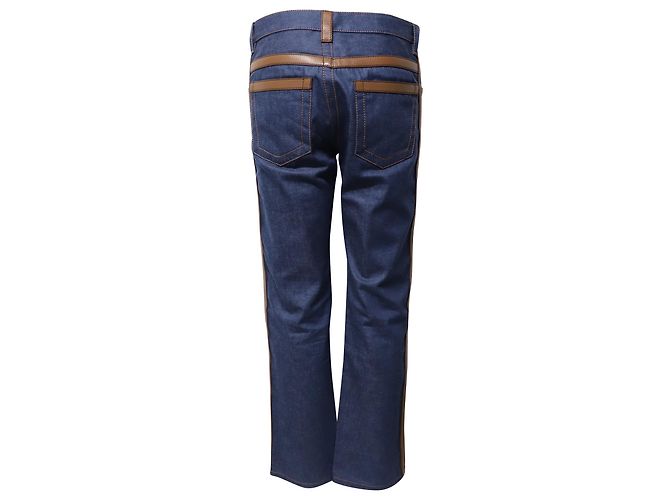Prada Denim Leather Trim Straight Leg Jeans in Blue Cotton - view 3