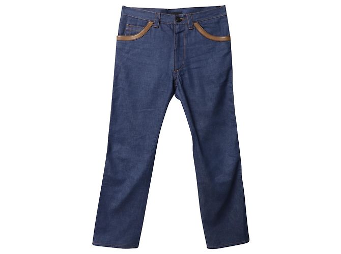 Prada Denim Leather Trim Straight Leg Jeans in Blue Cotton - view 4