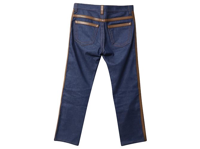 Prada Denim Leather Trim Straight Leg Jeans in Blue Cotton - view 5