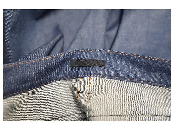 Prada Denim Leather Trim Straight Leg Jeans in Blue Cotton - view 7