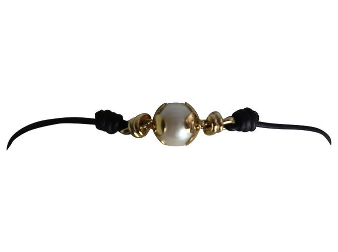 Collana girocollo Louis Vuitton con perle annodate in metallo color oro e pelle nera D'oro - vista 2