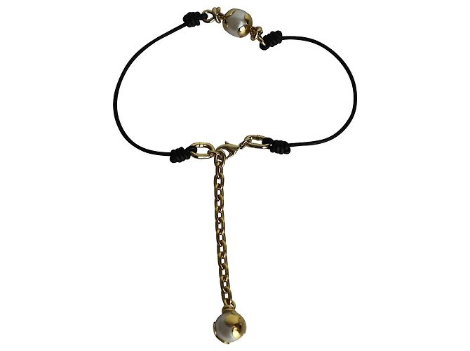Collana girocollo Louis Vuitton con perle annodate in metallo color oro e pelle nera D'oro - vista 6