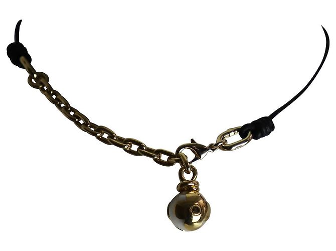 Collana girocollo Louis Vuitton con perle annodate in metallo color oro e pelle nera D'oro - vista 8