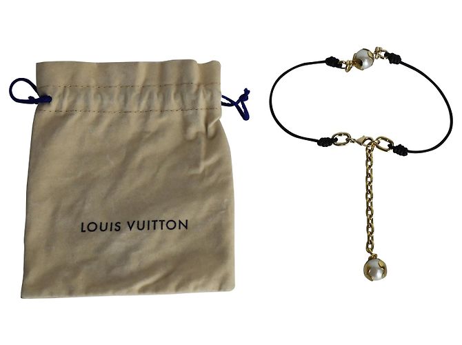 Collana girocollo Louis Vuitton con perle annodate in metallo color oro e pelle nera D'oro - vista 9