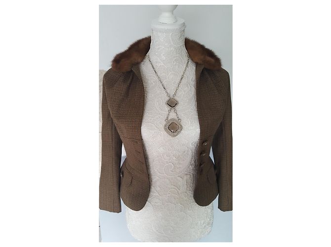 Christian Dior Houndstooth Wool Jacket with Mink Collar Brown - view 2