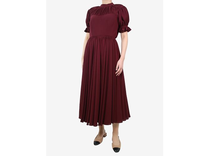 Autre Marque Burgunderfarbenes, kurzärmliges, gerafftes Midikleid – Größe UK 10 Bordeaux - Ansicht 3