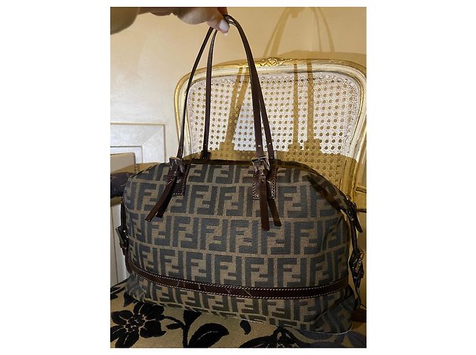 Zucca Borsa a mano Fendi in tela e pelle marrone - vista 2