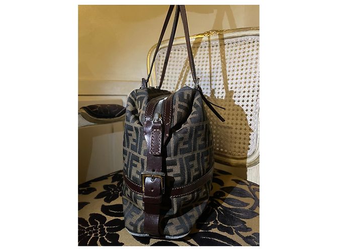 Zucca Borsa a mano Fendi in tela e pelle marrone - vista 3