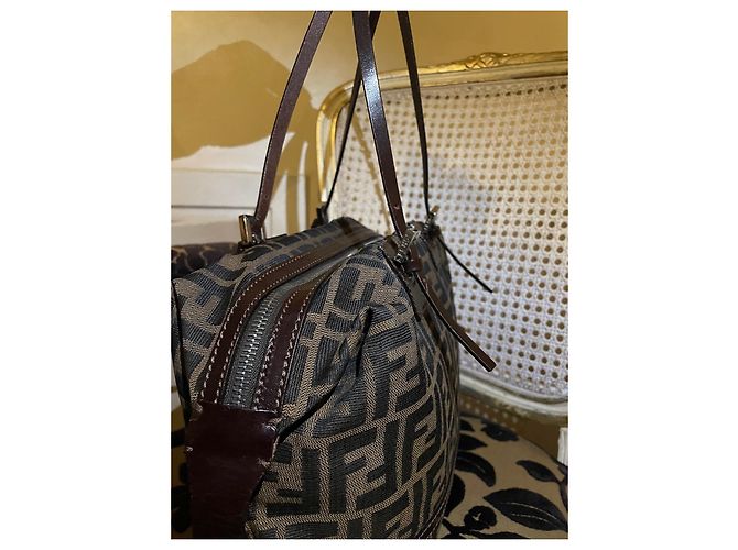 Zucca Borsa a mano Fendi in tela e pelle marrone - vista 4