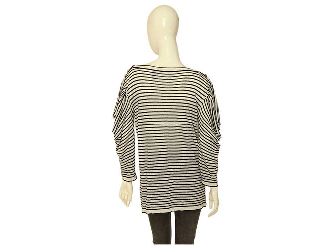 Stella Mc Cartney Stella McCartney Schwarz-weiß gestreifter Kaschmir-Strickpullover mit U-Boot-Ausschnitt. Top-Größe 44 Beige - Ansicht 2