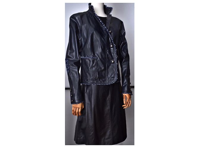 Chanel Traje de tweed de cuero poco común Azul marino Azul oscuro - vista 15