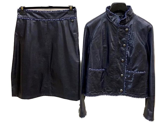Chanel Traje de tweed de cuero poco común Azul marino Azul oscuro - vista 2