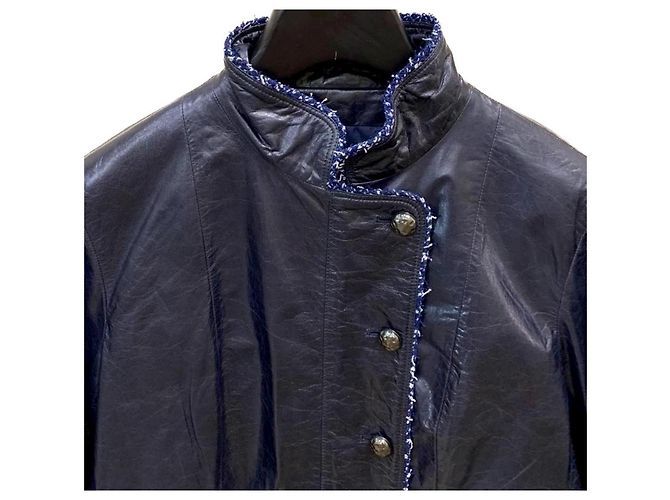 Chanel Traje de tweed de cuero poco común Azul marino Azul oscuro - vista 3