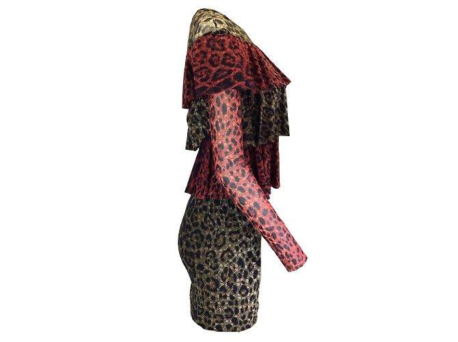 Fuzzi Red / Tan / Black Leopard Printed Ruffled Long Sleeved Mesh Dress - view 2