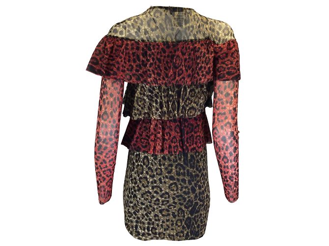 Fuzzi Red / Tan / Black Leopard Printed Ruffled Long Sleeved Mesh Dress - view 3