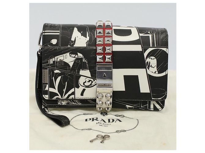 PRADA VITELLO COMICS Clutch Bag Leder Schwarz Weiß Auth 56942 - Ansicht 12