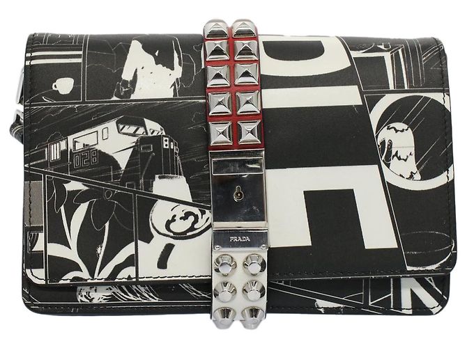 PRADA VITELLO COMICS Clutch Bag Leder Schwarz Weiß Auth 56942 - Ansicht 13