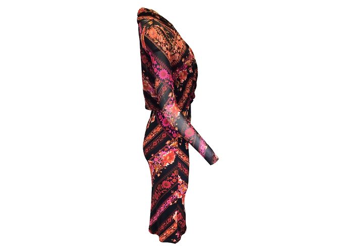 Fuzzi Noir / Robe midi fuchsia en maille et satin imprimé multi-fleurs Multicolore - vue 2