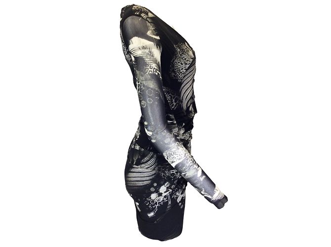 Fuzzi Schwarz / Grau bedrucktes, langärmliges Mesh-Midikleid mit V-Ausschnitt - Ansicht 2