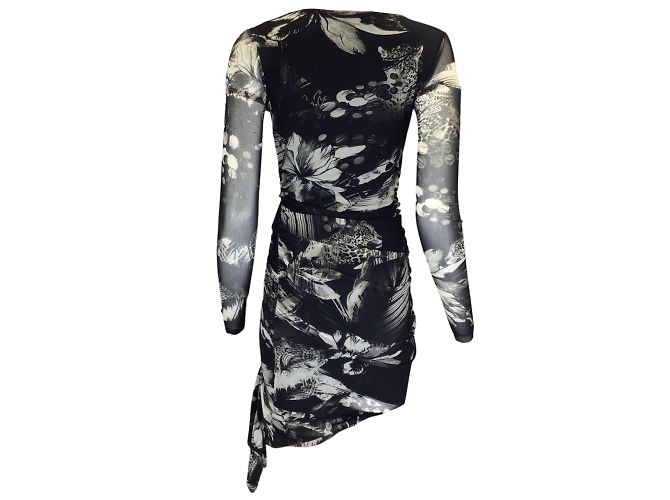 Fuzzi Schwarz / Grau bedrucktes, langärmliges Mesh-Midikleid mit V-Ausschnitt - Ansicht 3