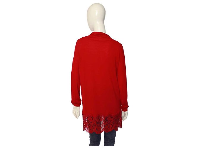 Emilio Pucci Strickjacke aus rotem Schurwollstrick und Spitze mit offener Vorderseite, Cardi, Größe L - Ansicht 2