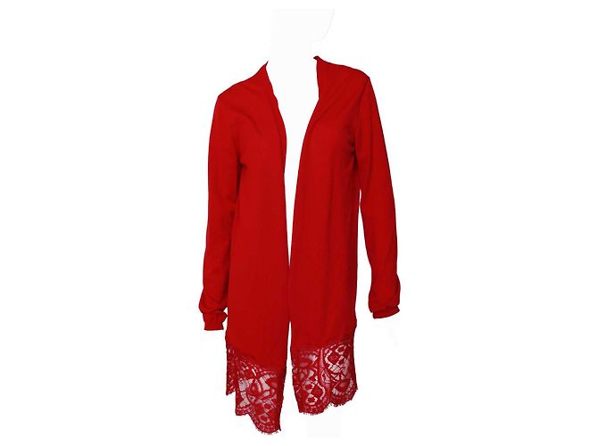 Emilio Pucci Strickjacke aus rotem Schurwollstrick und Spitze mit offener Vorderseite, Cardi, Größe L - Ansicht 3