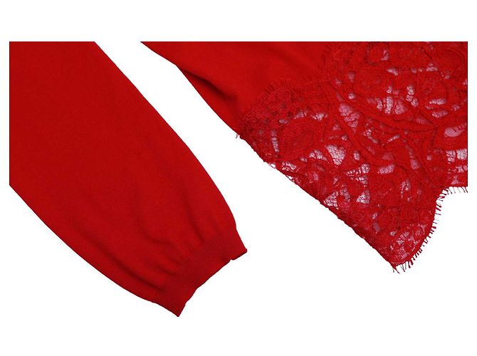 Emilio Pucci Strickjacke aus rotem Schurwollstrick und Spitze mit offener Vorderseite, Cardi, Größe L - Ansicht 7