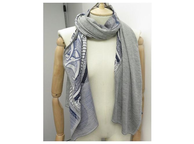 Hermès NUOVA STOLA HERMES EX LIBRIS HUGO GRYGKAR 162 X 64 STOLA GRIGIA IN SETA E CASHMERE CM Grigio - vista 7