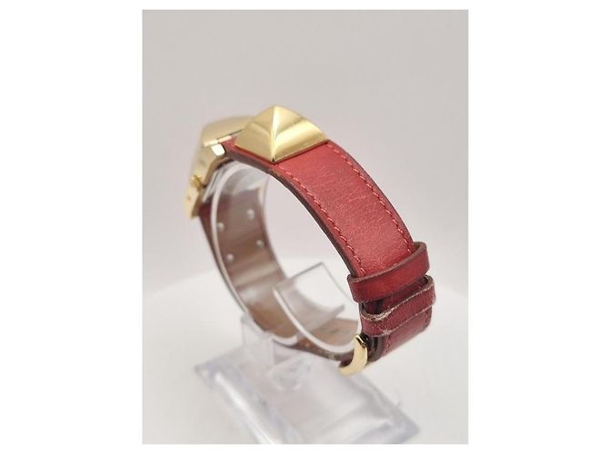 Relógio Hermès Médor banhado a ouro com pulseira de couro Branco - vista 8