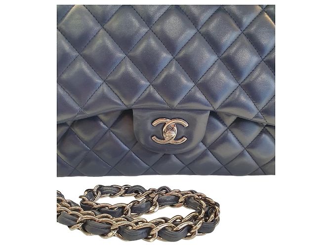 Chanel Jumbo bolsa de pele de cordeiro acolchoada azul marinho - vista 12
