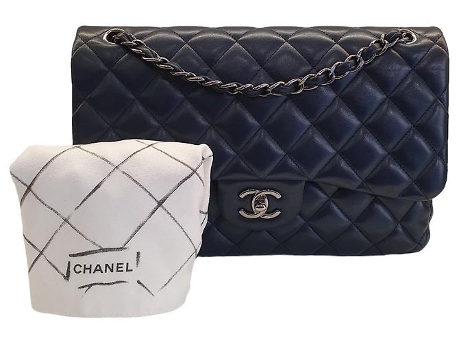 Chanel Jumbo bolsa de pele de cordeiro acolchoada azul marinho - vista 15