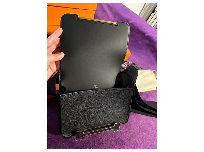 Borsa a mano Hermès Geta in pelle nera con finiture oro Nero - vista 6