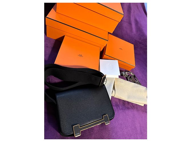 Borsa a mano Hermès Geta in pelle nera con finiture oro Nero - vista 7