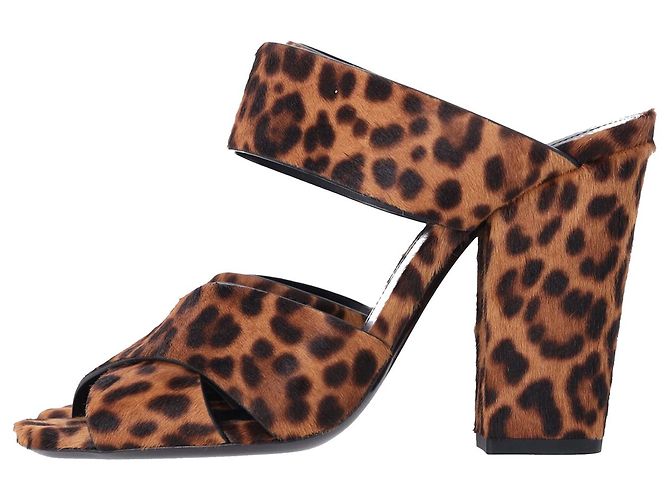 Saint Laurent Leopard-Print Block Heel Mules in Brown Pony-style Leather - view 2