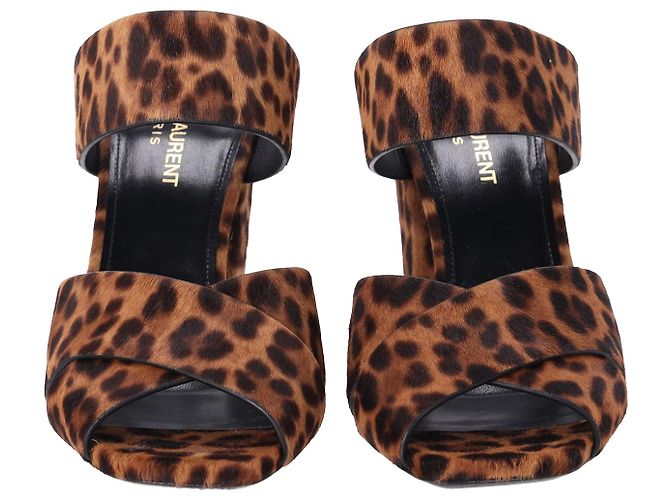 Saint Laurent Leopard-Print Block Heel Mules in Brown Pony-style Leather - view 3