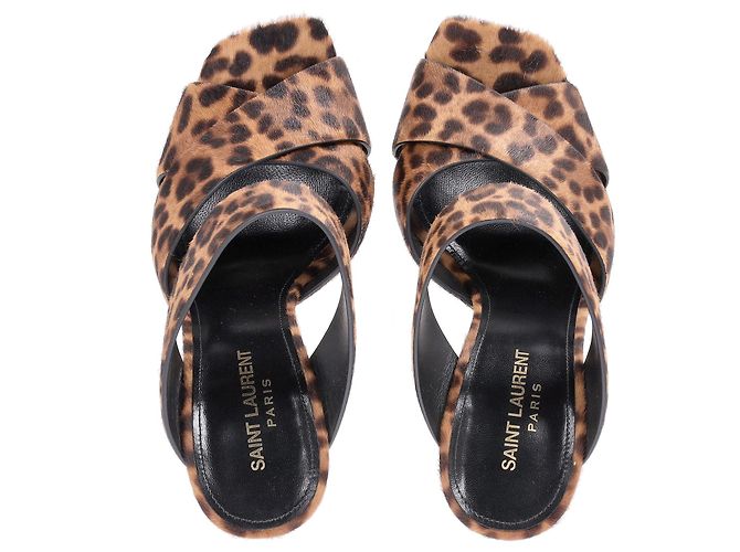 Saint Laurent Leopard-Print Block Heel Mules in Brown Pony-style Leather - view 5
