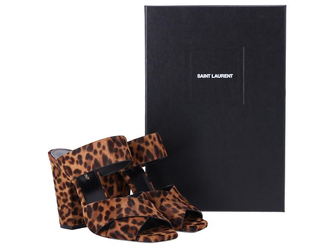 Saint Laurent Leopard-Print Block Heel Mules in Brown Pony-style Leather - view 8